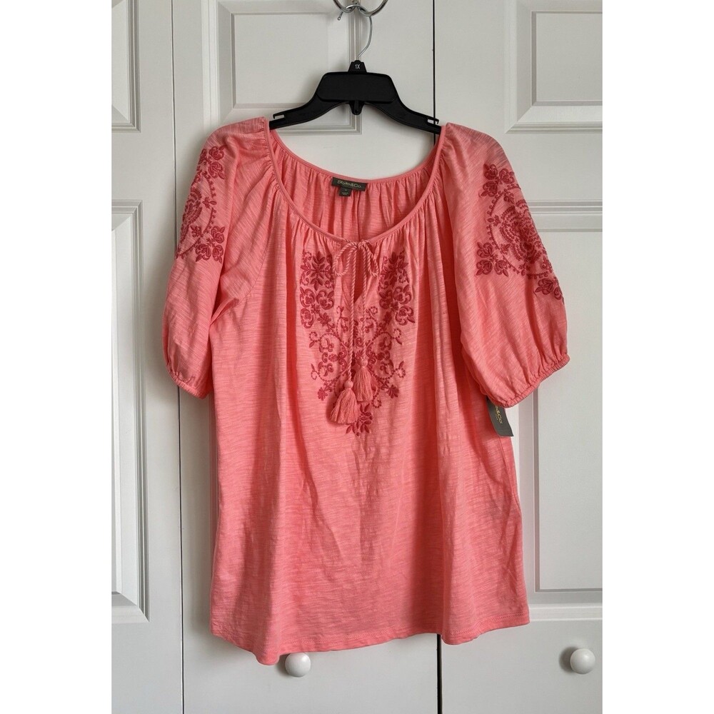 STYLE & CO. WOMEN'S TOPS SIZE 1X PINK EMBROIDERED PEASANT SHORT PUFF SLEEVES